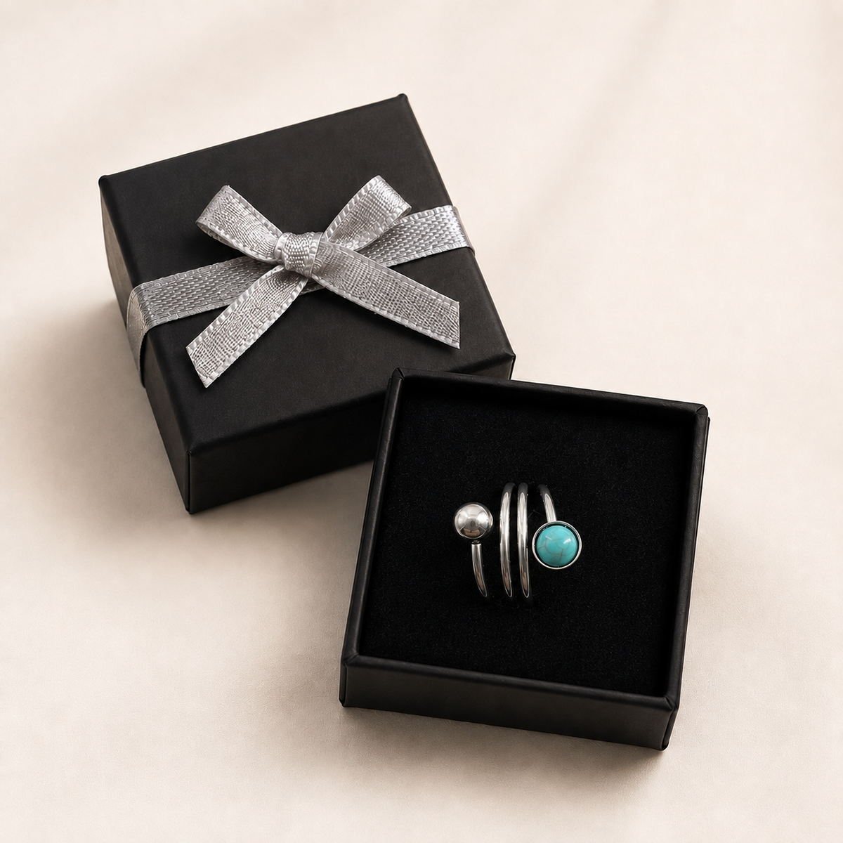 PP011 – Silver Turquoise & Ball Spiral Open Prsten
