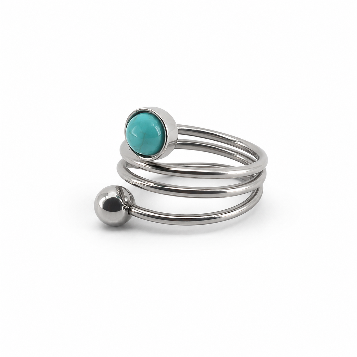PP011 – Silver Turquoise & Ball Spiral Open Prsten