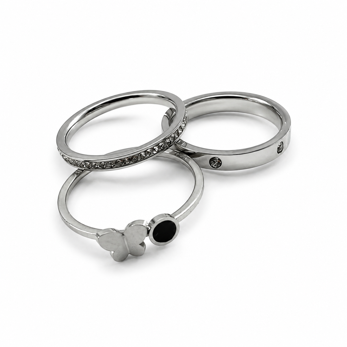 PP041 – Silver Butterfly Onyx Crystal Stacking Set 3 Prstena