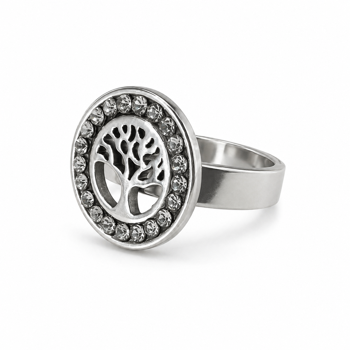PP044 – Silver Pavé Halo Tree of Life Disc Prsten
