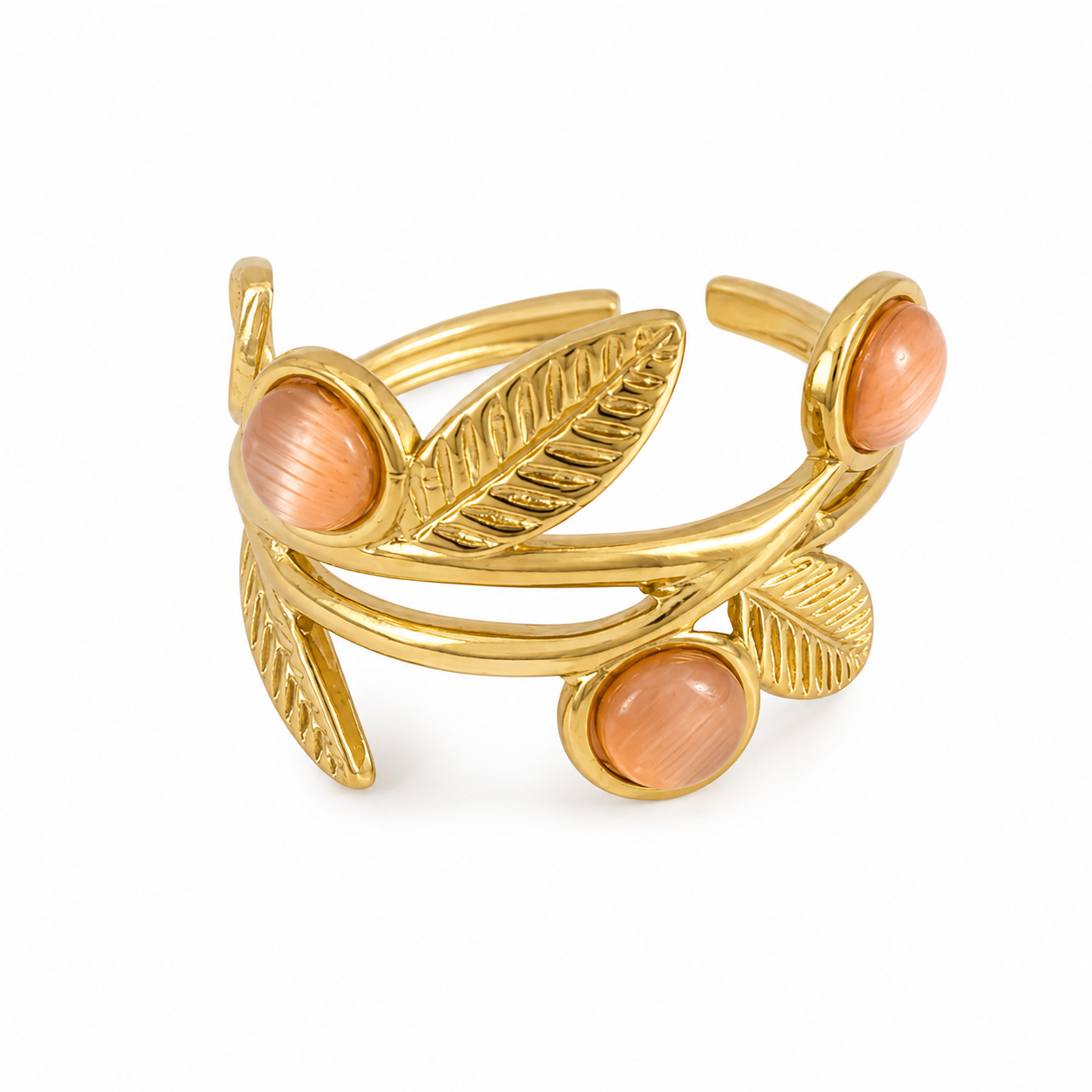 PP014G – Gold Triple Pink Cat Eye Leaf Cuff Prsten
