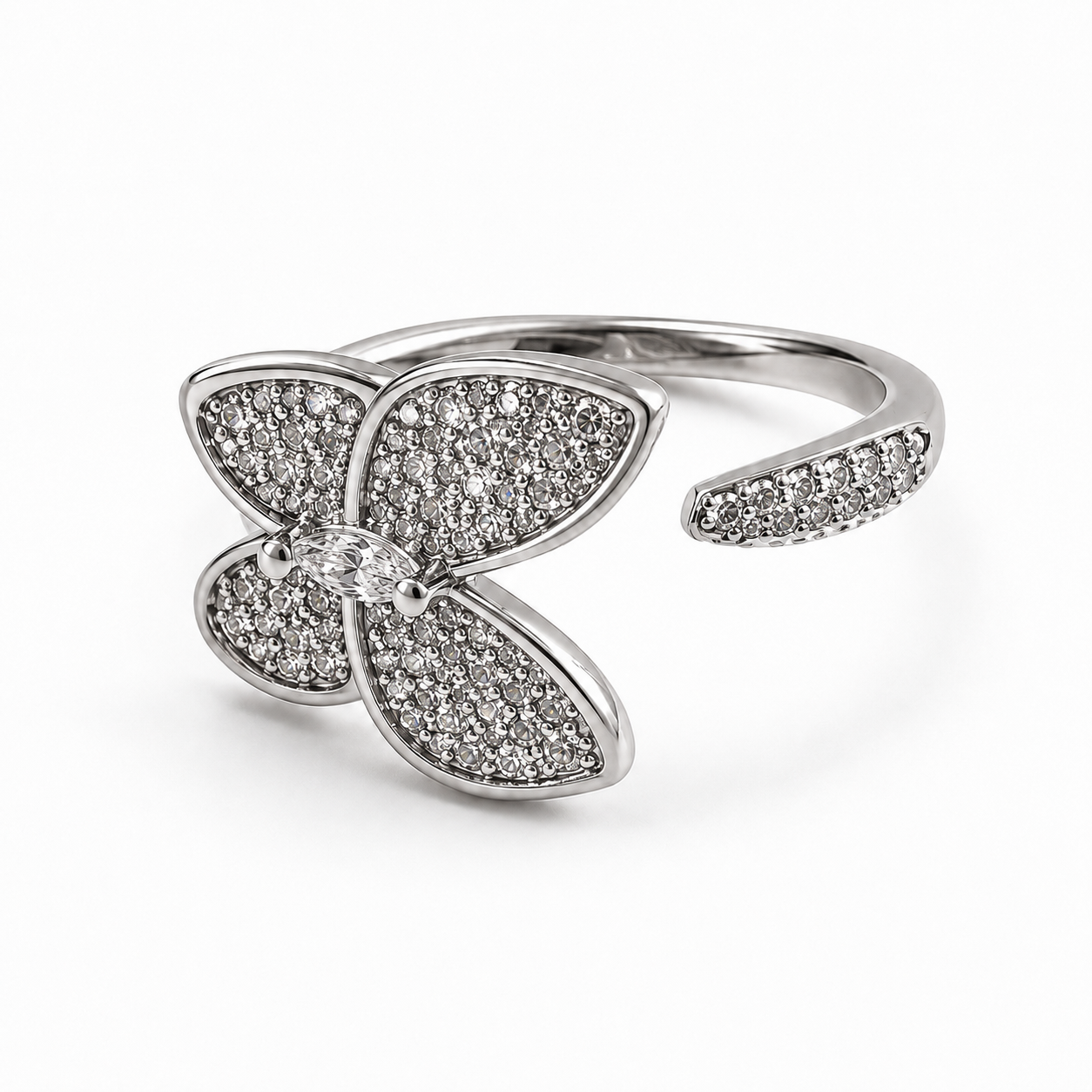 PP019 – Silver Grand Butterfly Pavé Open Prsten