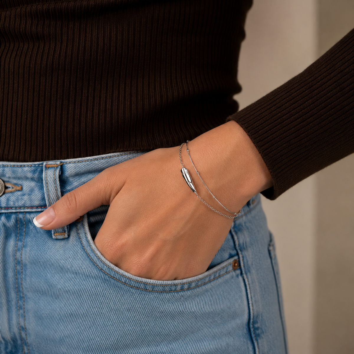 PN007 – Silver Double Layer Feather Snake & Satellite Chain Narukvica