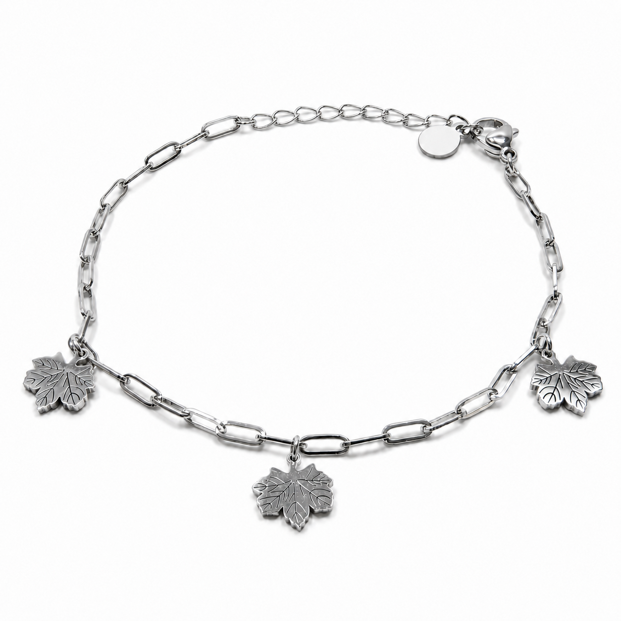 PN012 – Silver Paperclip Chain Autumn Leaf Charm Narukvica