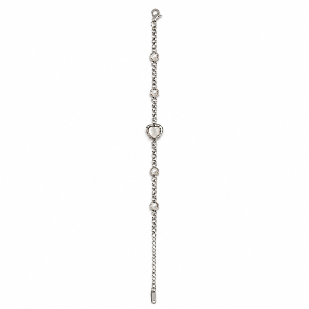 PN017 – Silver Curb Chain Pearl Heart Medallion & Pearl Station Narukvica