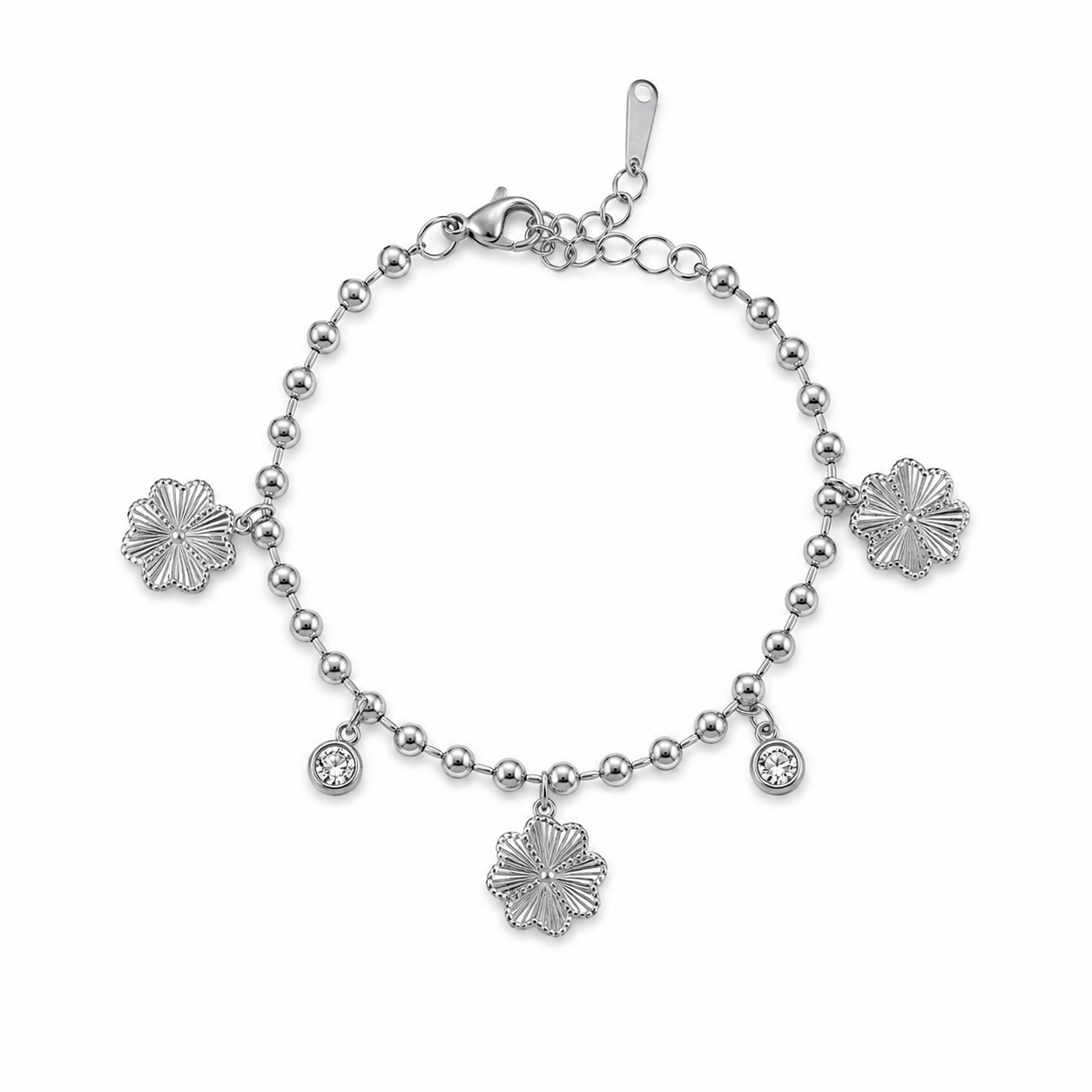 PN020 – Silver Ball Chain 3× Engraved Flower & CZ Bezel Drop Charm Narukvica