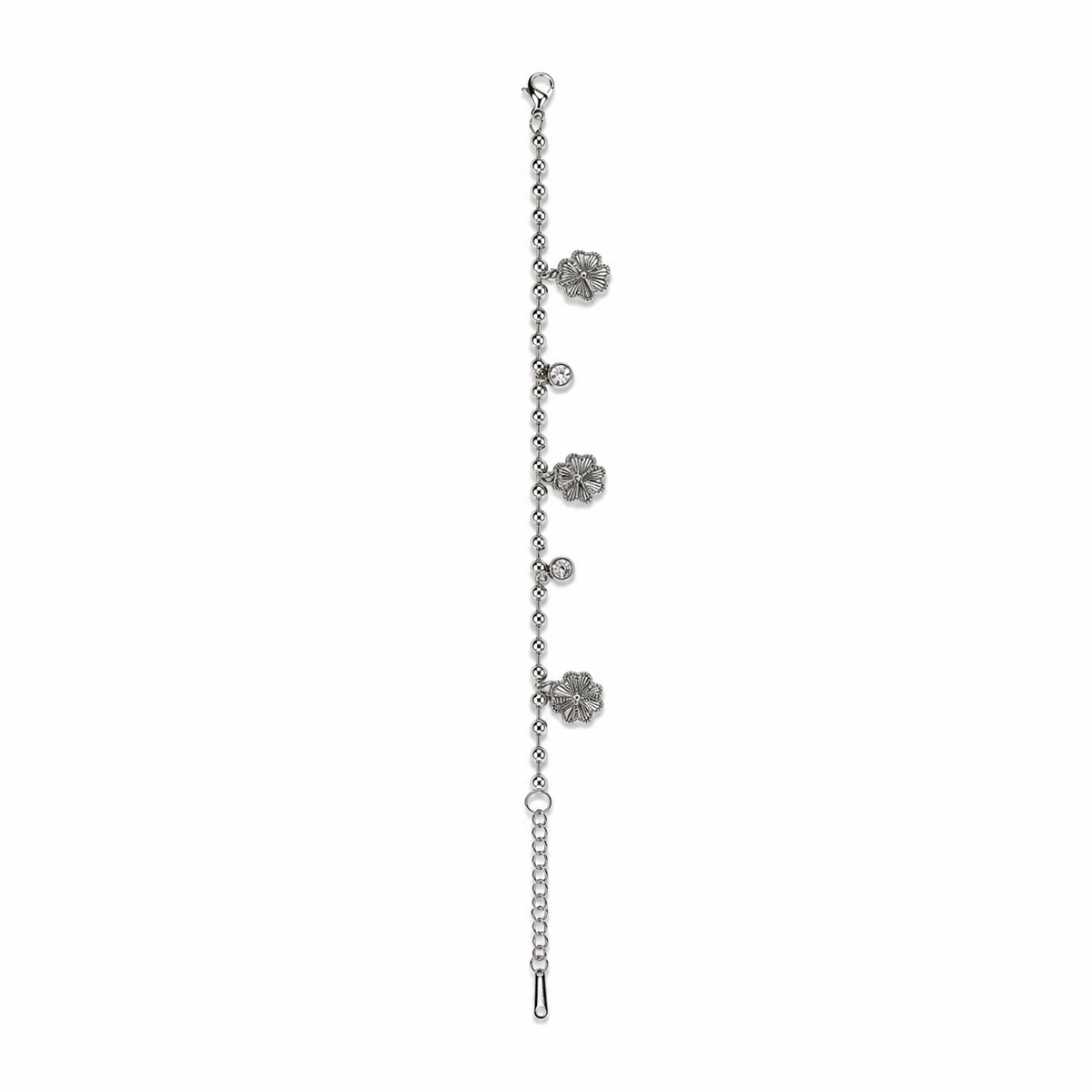PN020 – Silver Ball Chain 3× Engraved Flower & CZ Bezel Drop Charm Narukvica