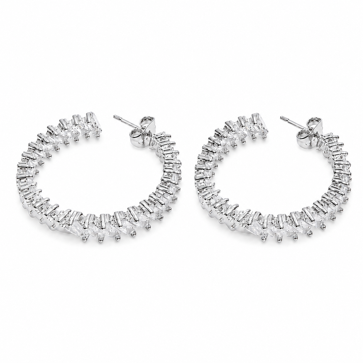 PM044 – Silver Baguette CZ Full Hoop Stud Minđuše