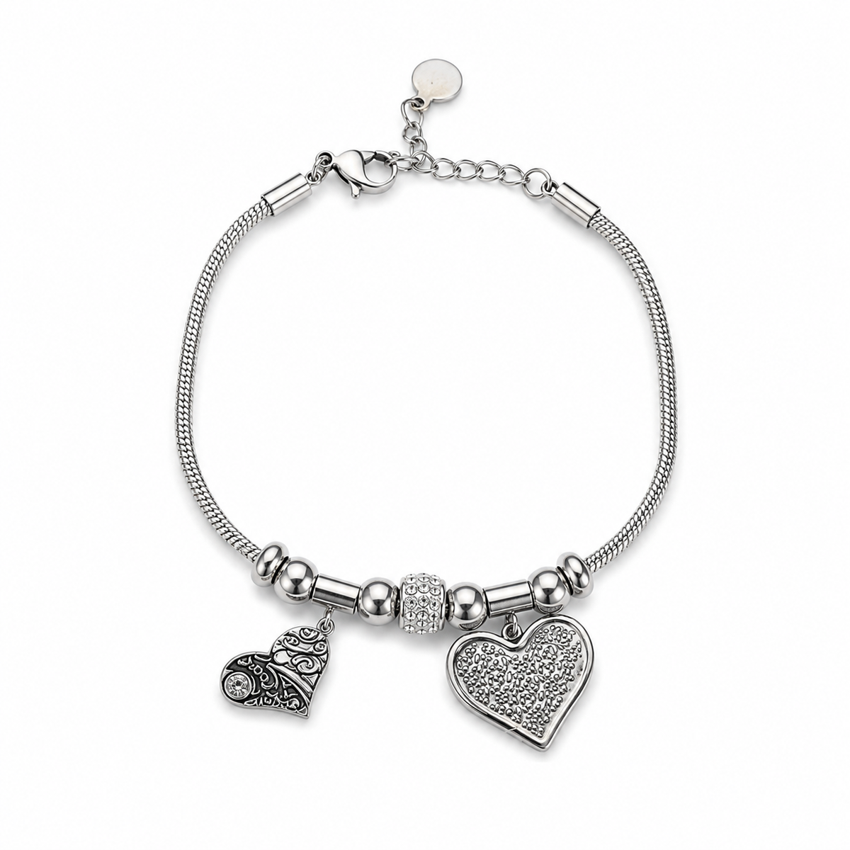 PN021 – Silver Snake Chain Filigran & Pavé Heart Charm Narukvica