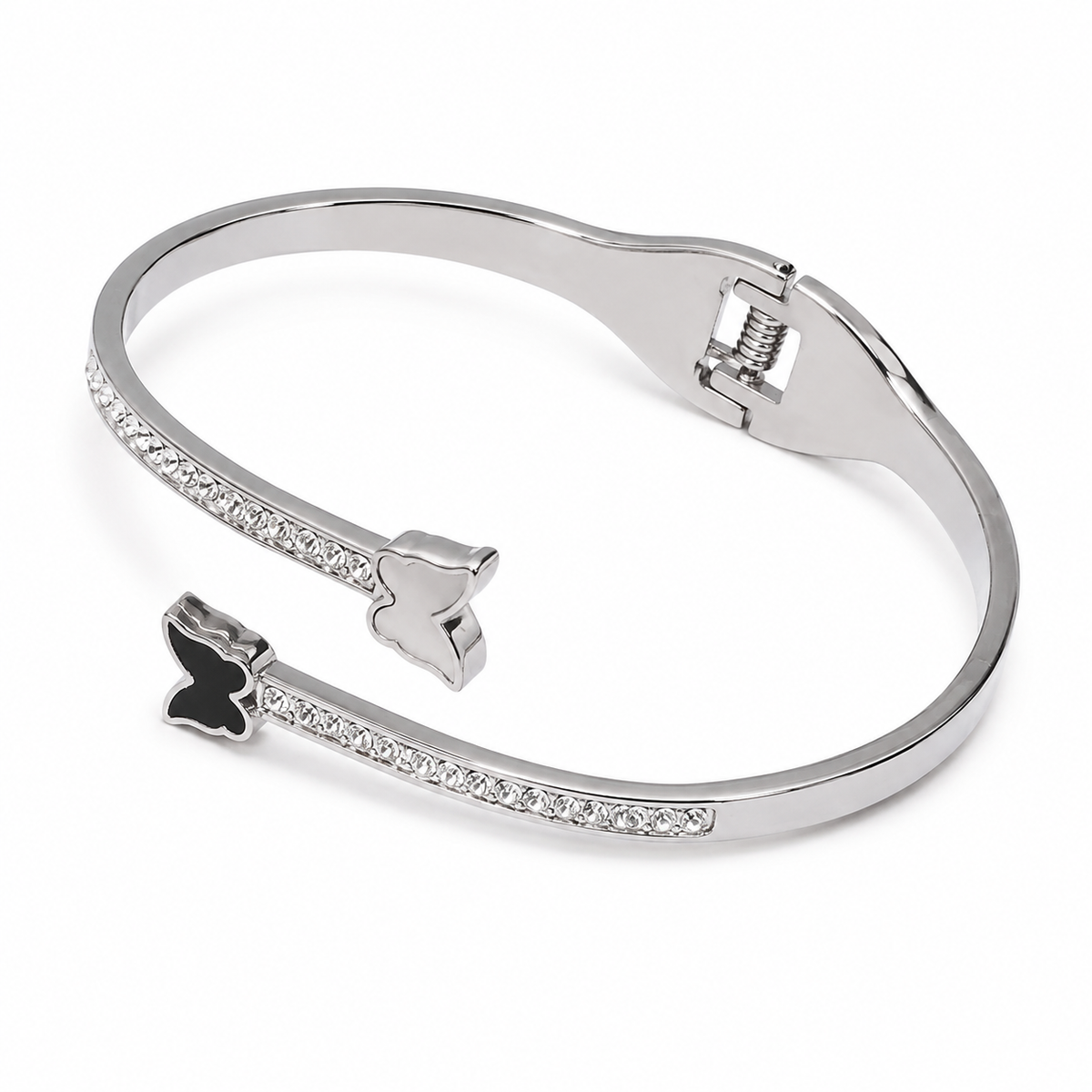 PNC023 – Silver CZ Pavé Cuff Bangle Black & White Butterfly Narukvica