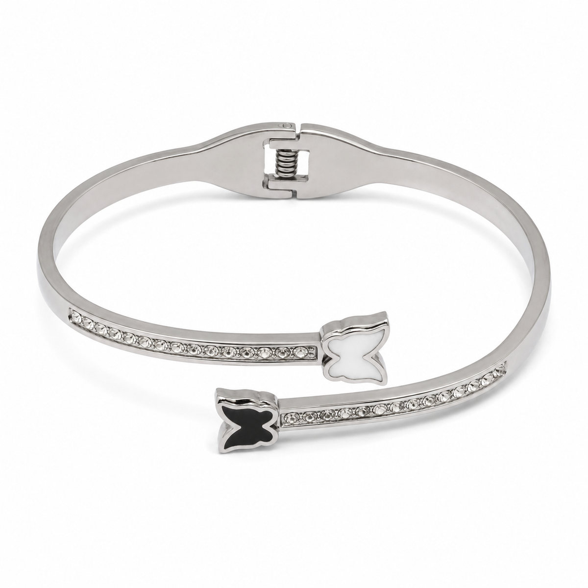 PNC023 – Silver CZ Pavé Cuff Bangle Black & White Butterfly Narukvica