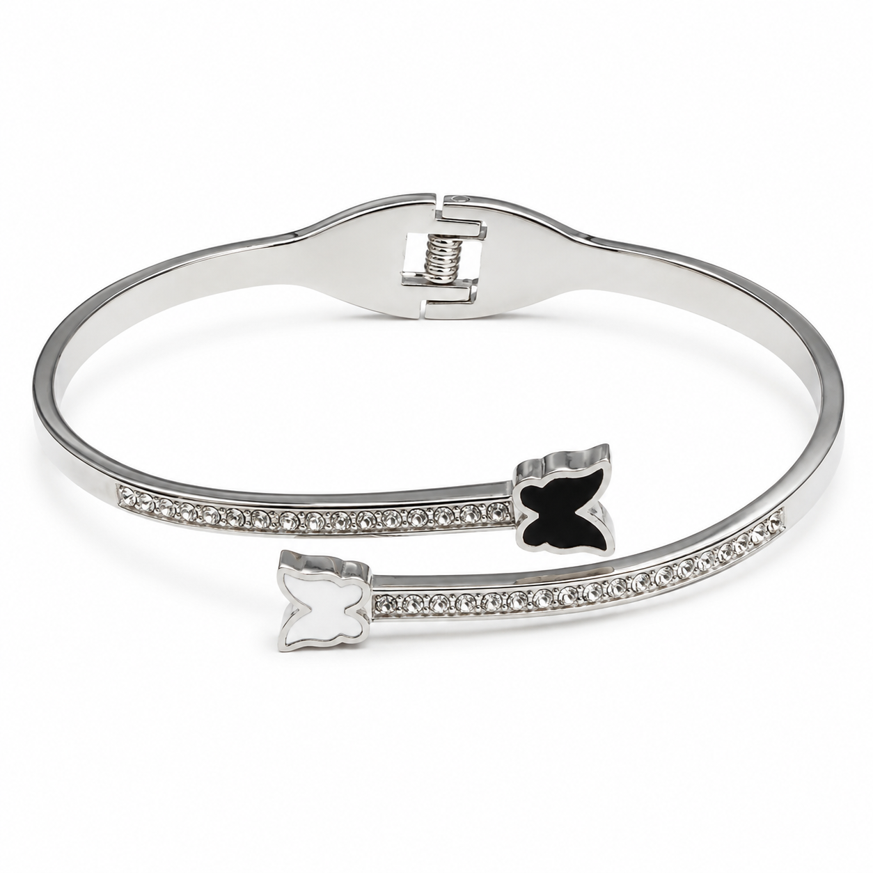 PNC023 – Silver CZ Pavé Cuff Bangle Black & White Butterfly Narukvica