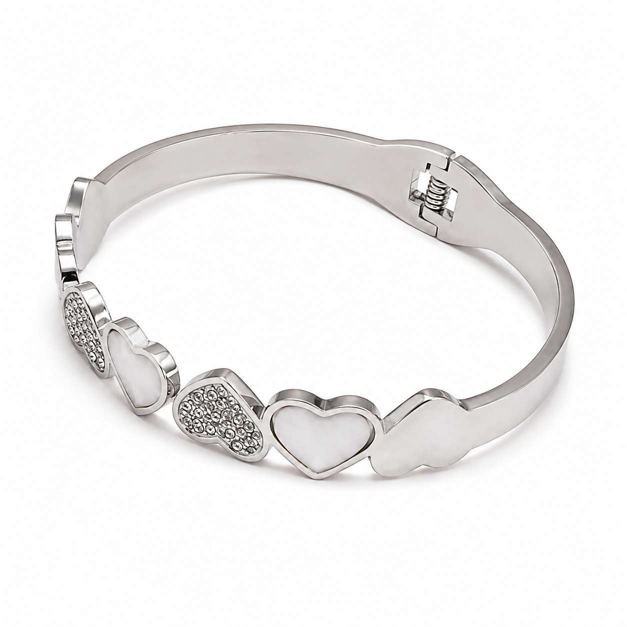 PNC026 – Silver Heart Station Cuff Bangle CZ Pavé & White Enamel Narukvica - strana 1