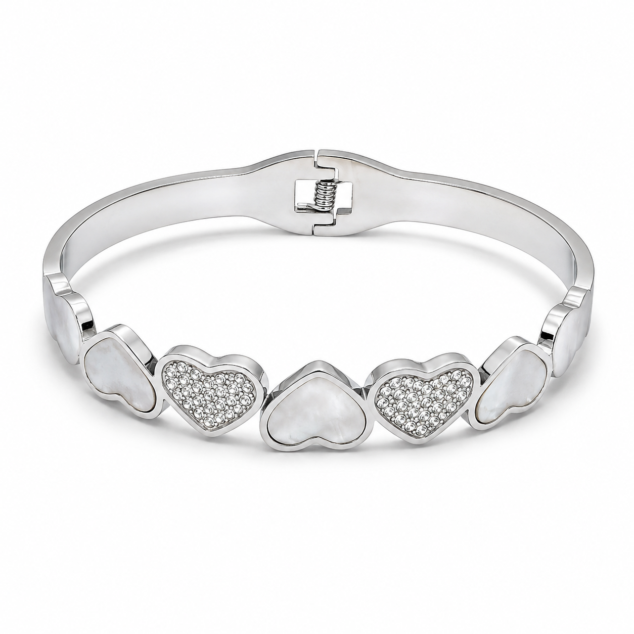PNC026 – Silver Heart Station Cuff Bangle CZ Pavé & White Enamel Narukvica - strana 2