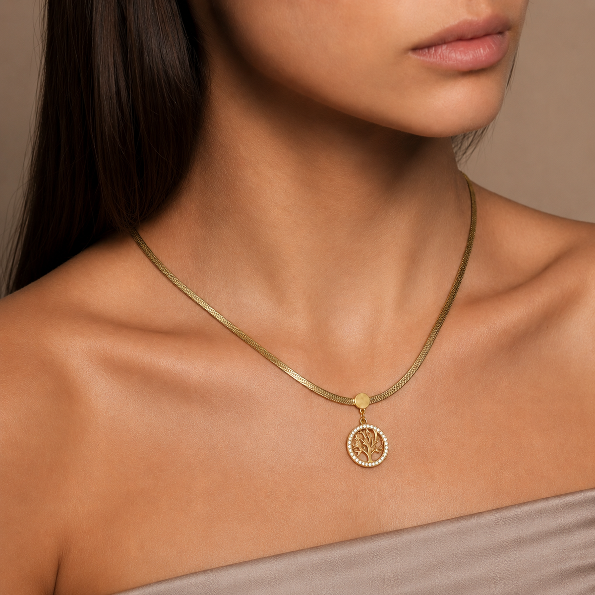 PO001G – Gold Tree of Life Herringbone Ogrlica