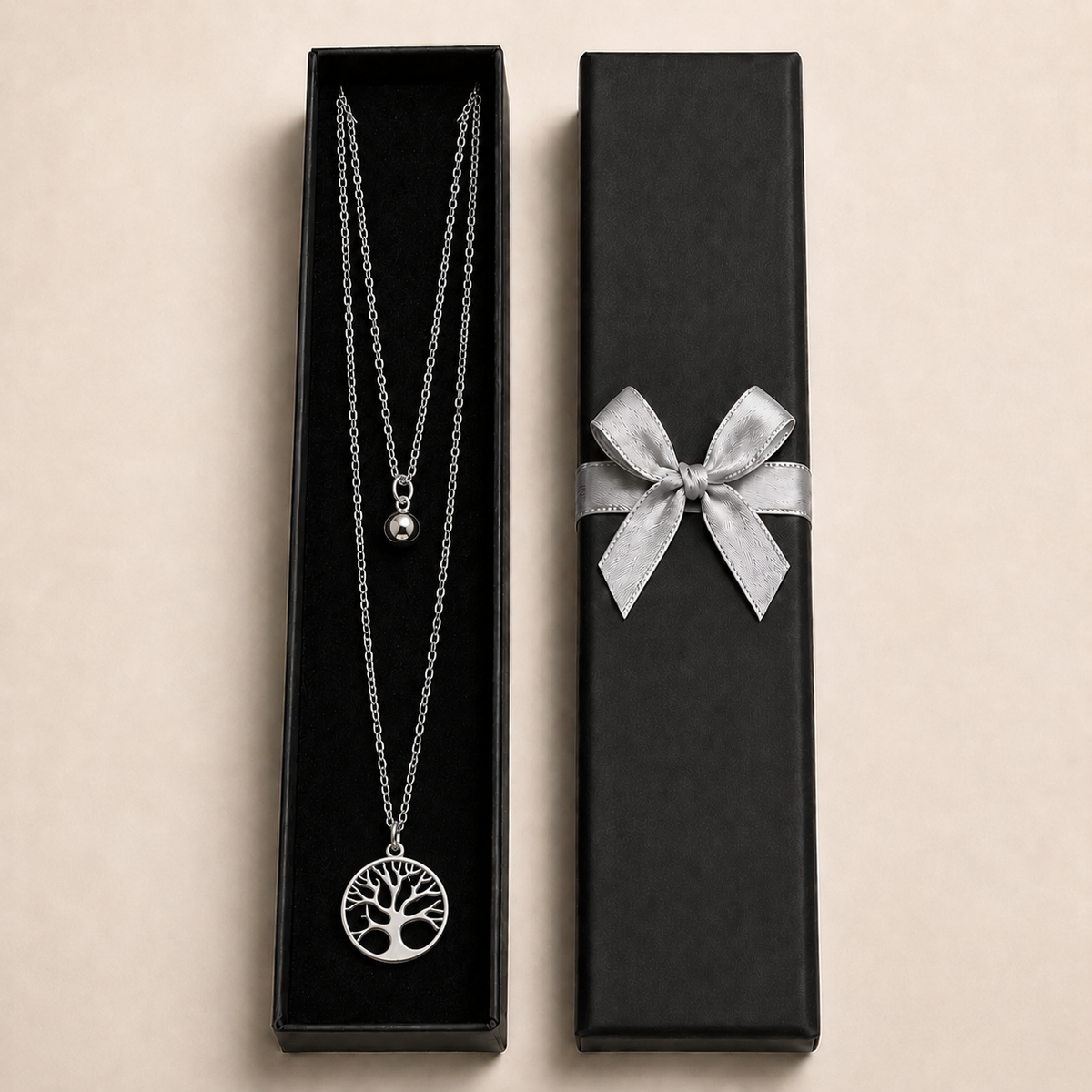 PO008 – Silver Double Layer Tree of Life & CZ Solitaire Cable Ogrlica