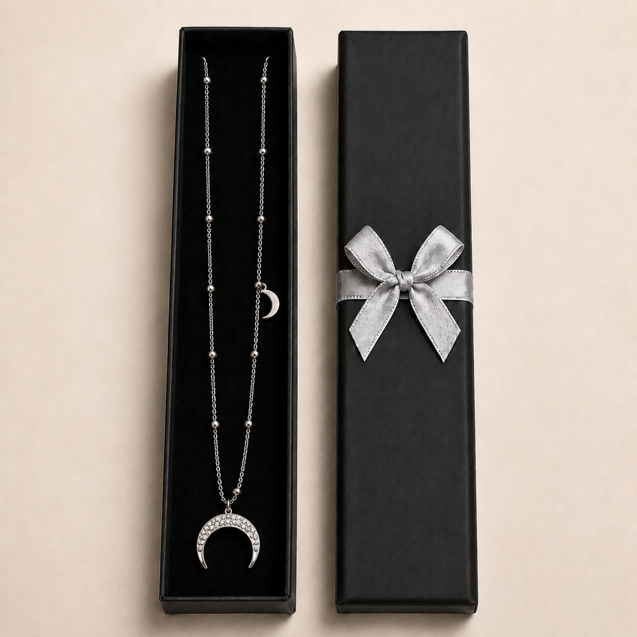 PO012 – Silver CZ Crescent Moon Satellite Chain Ogrlica