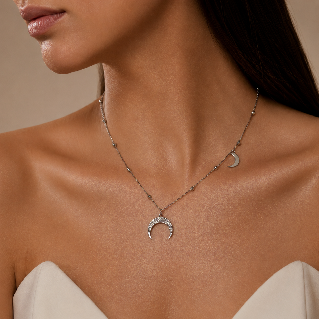 PO012 – Silver CZ Crescent Moon Satellite Chain Ogrlica
