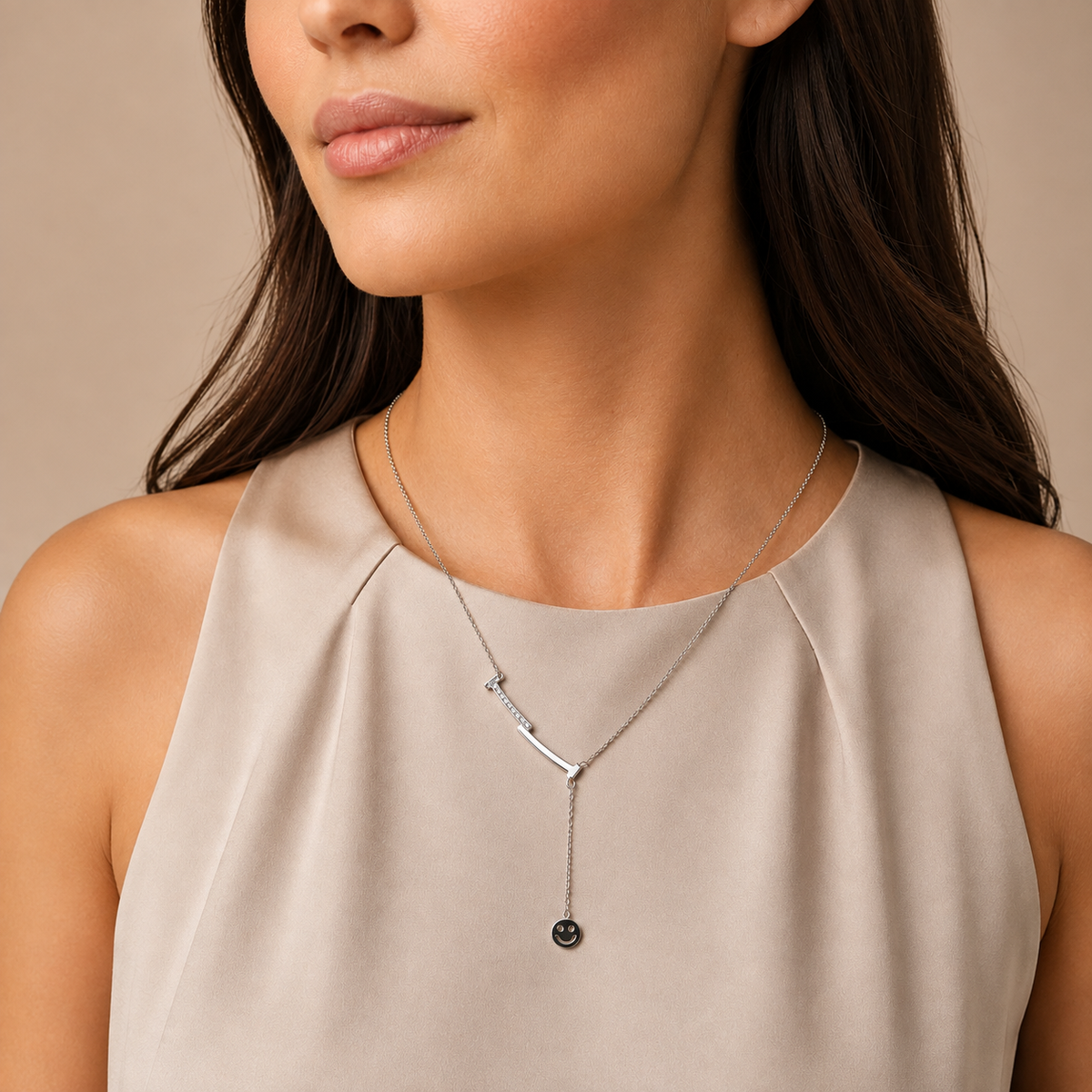 PO017 – Silver CZ Bar Lariat Smiley Face Oval Chain Ogrlica