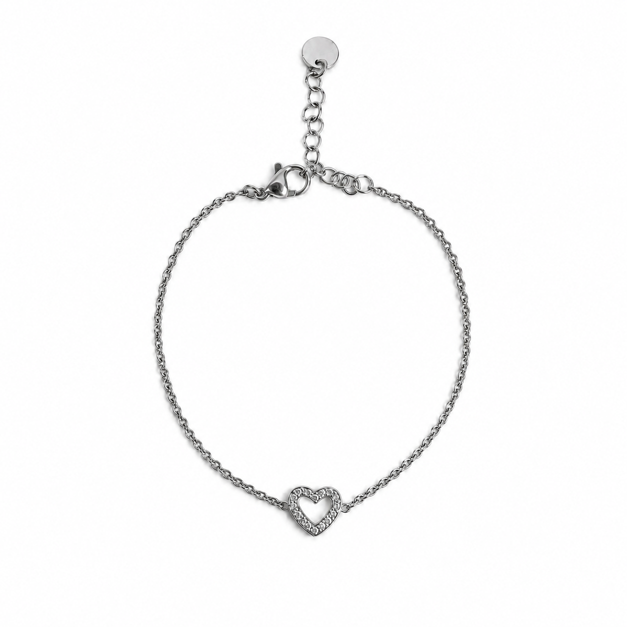 PN019 – Silver Cable Chain Open Heart Pavé CZ Charm Narukvica