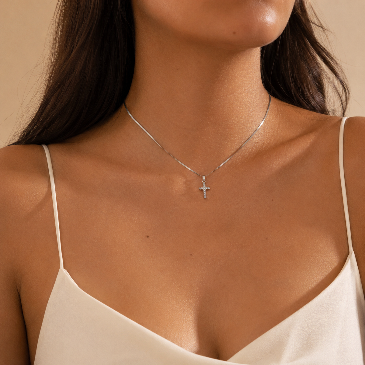 PO031 – Silver CZ Cross Snake Chain Ogrlica