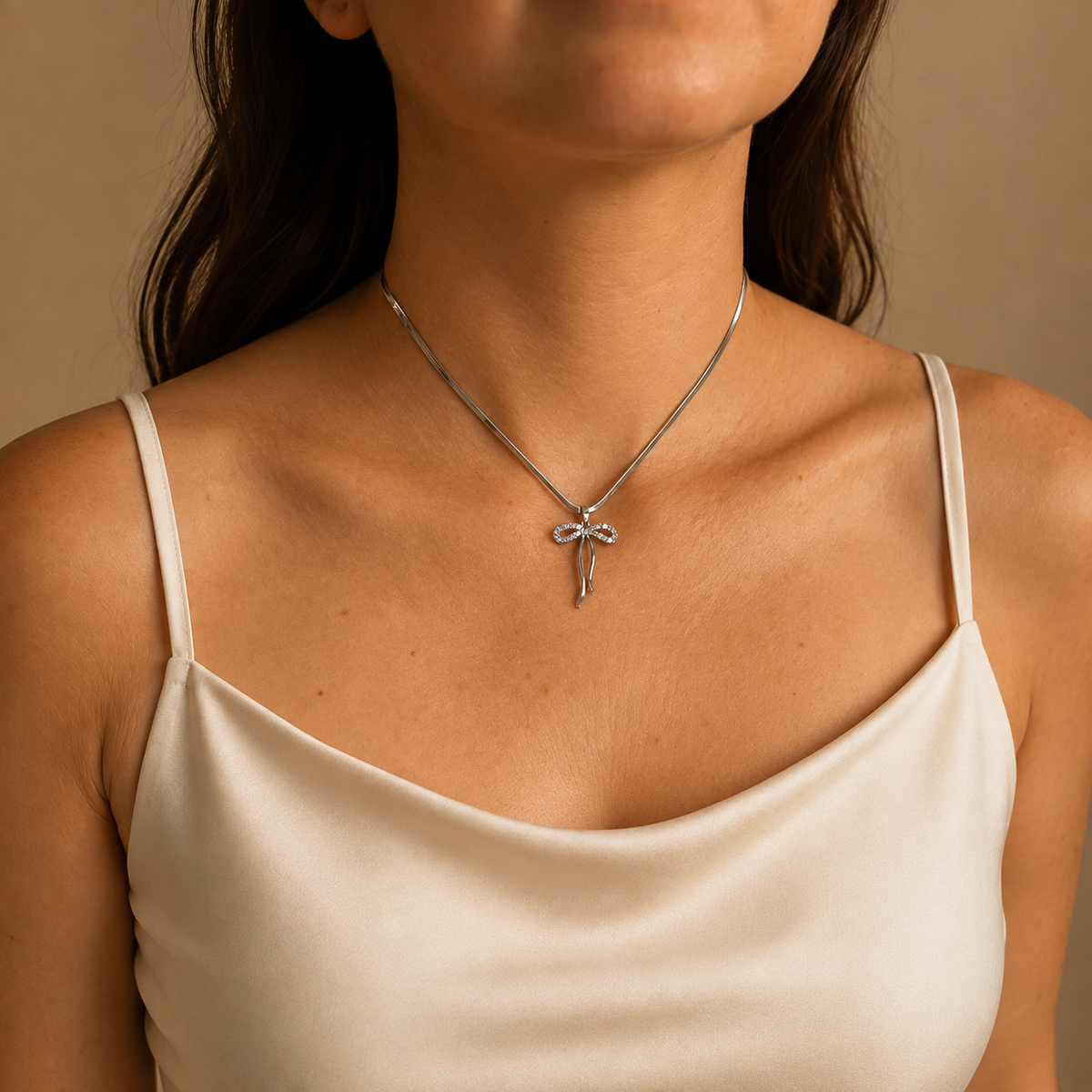 PO033 – Silver CZ Bow Drop Snake Chain Ogrlica