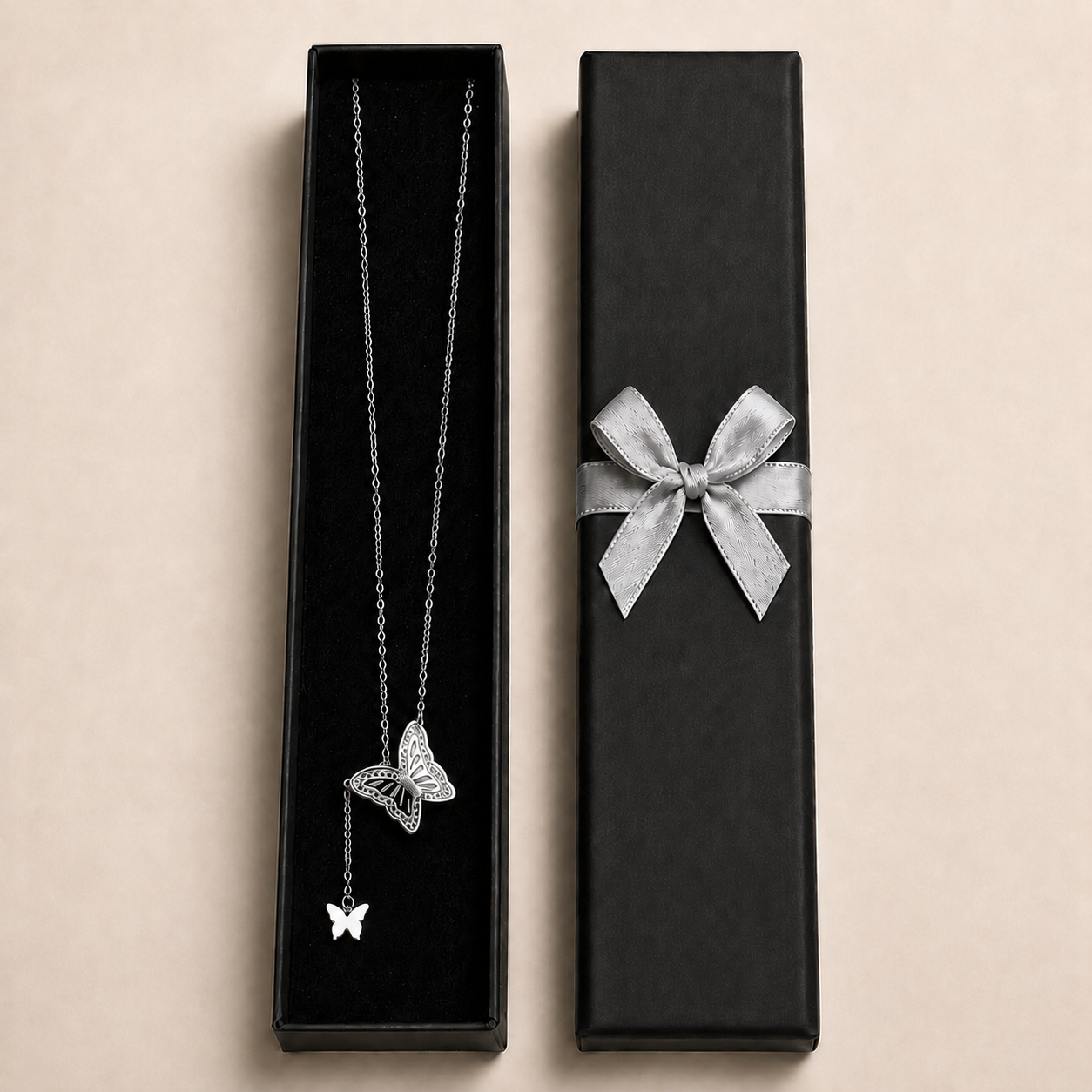PO003 – Silver Double Butterfly Lariat Ogrlica