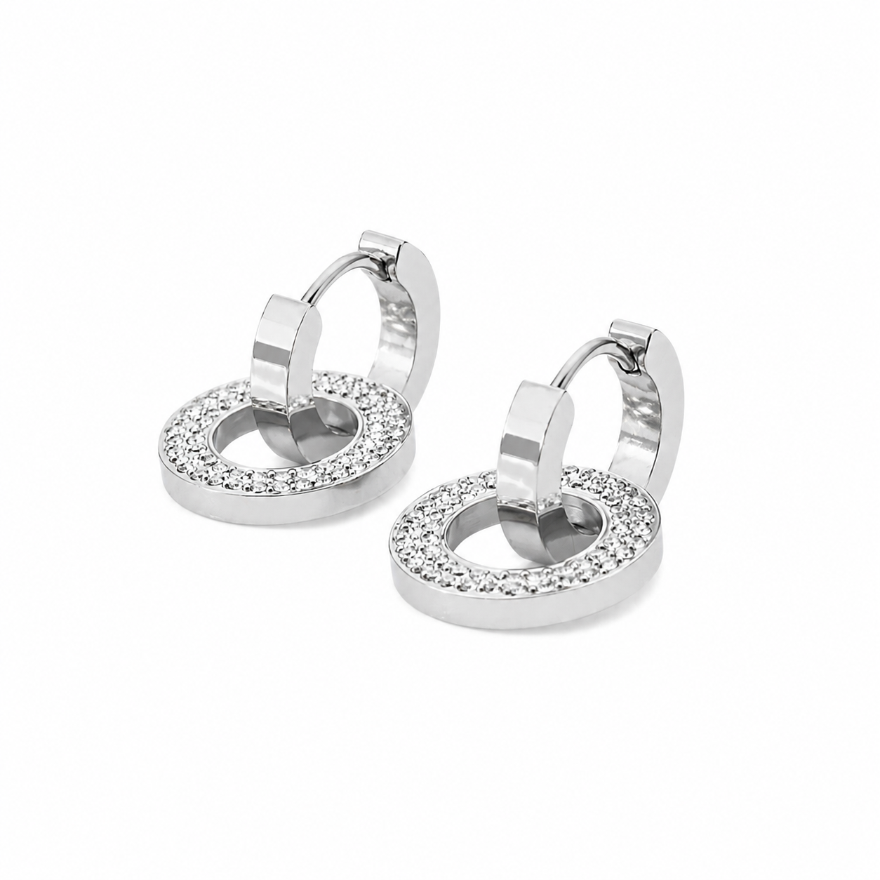 PM040 Silver Interlocking Pavé Circle Huggie Dangle Minđuše od hirurškog čelika