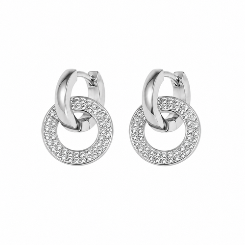 PM040 Silver Interlocking Pavé Circle Huggie Dangle Minđuše – frontalni prikaz