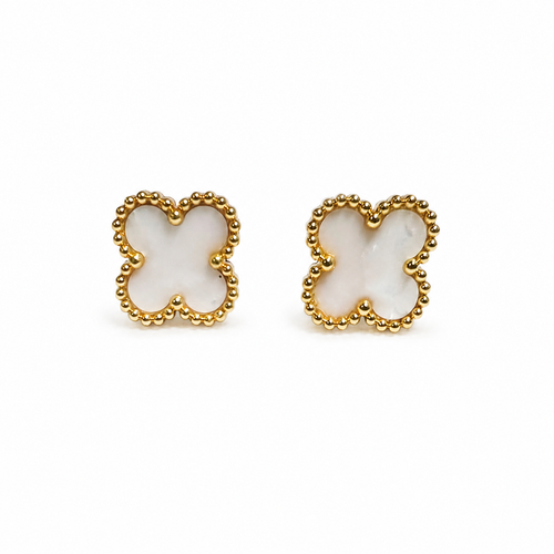 PM051G – Gold S White Four-Leaf Clover Stud Minđuše
