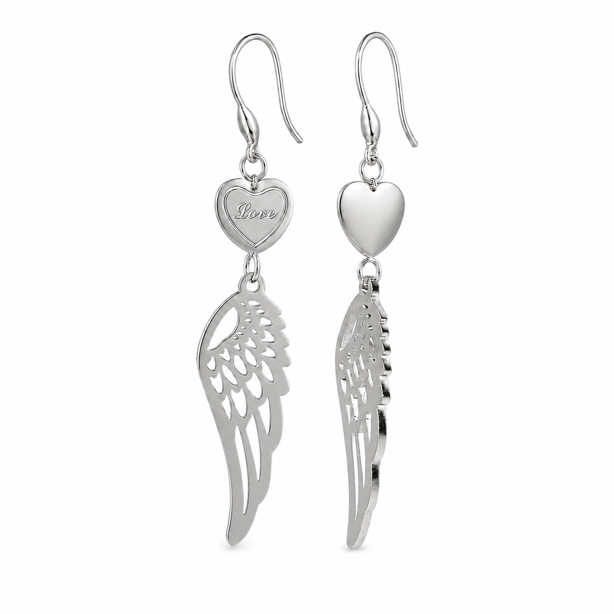 PM033 Silver Angel Wing Love Heart Dangle Minđuše od hirurškog čelika