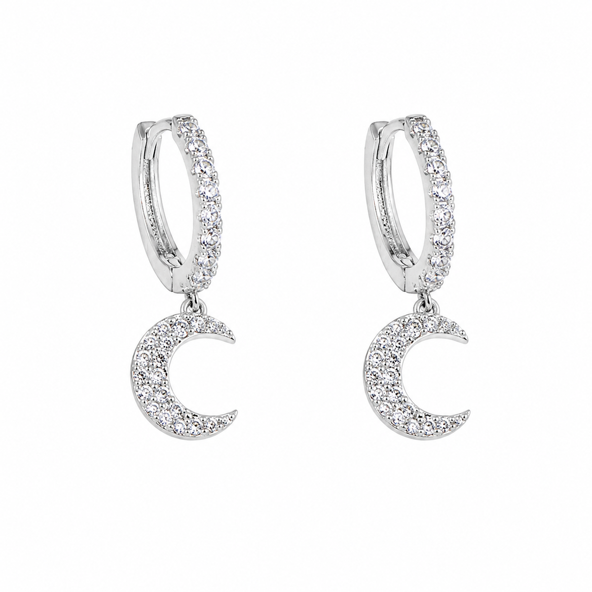 PM048 – Silver Full Pavé Moon Huggie Dangle Minđuše