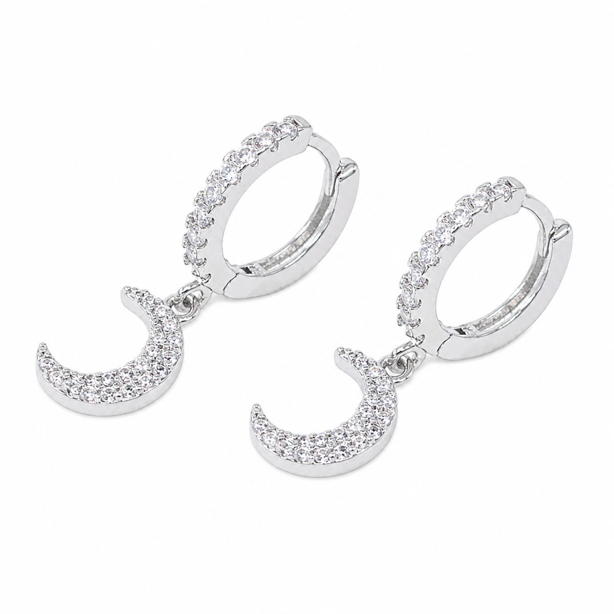 PM048 Silver Full Pavé Moon Huggie Dangle Minđuše od hirurškog čelika