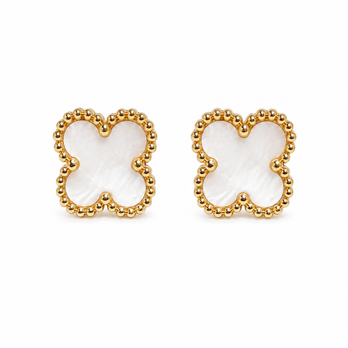 PM050G – Gold L White Four-Leaf Clover Stud Minđuše
