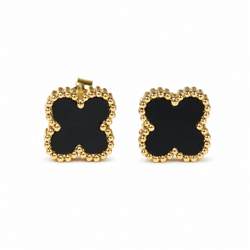 PM044G – Gold S Black Four-Leaf Clover Stud Minđuše