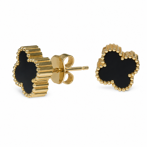 PM044G – Gold S Black Four-Leaf Clover Stud Minđuše