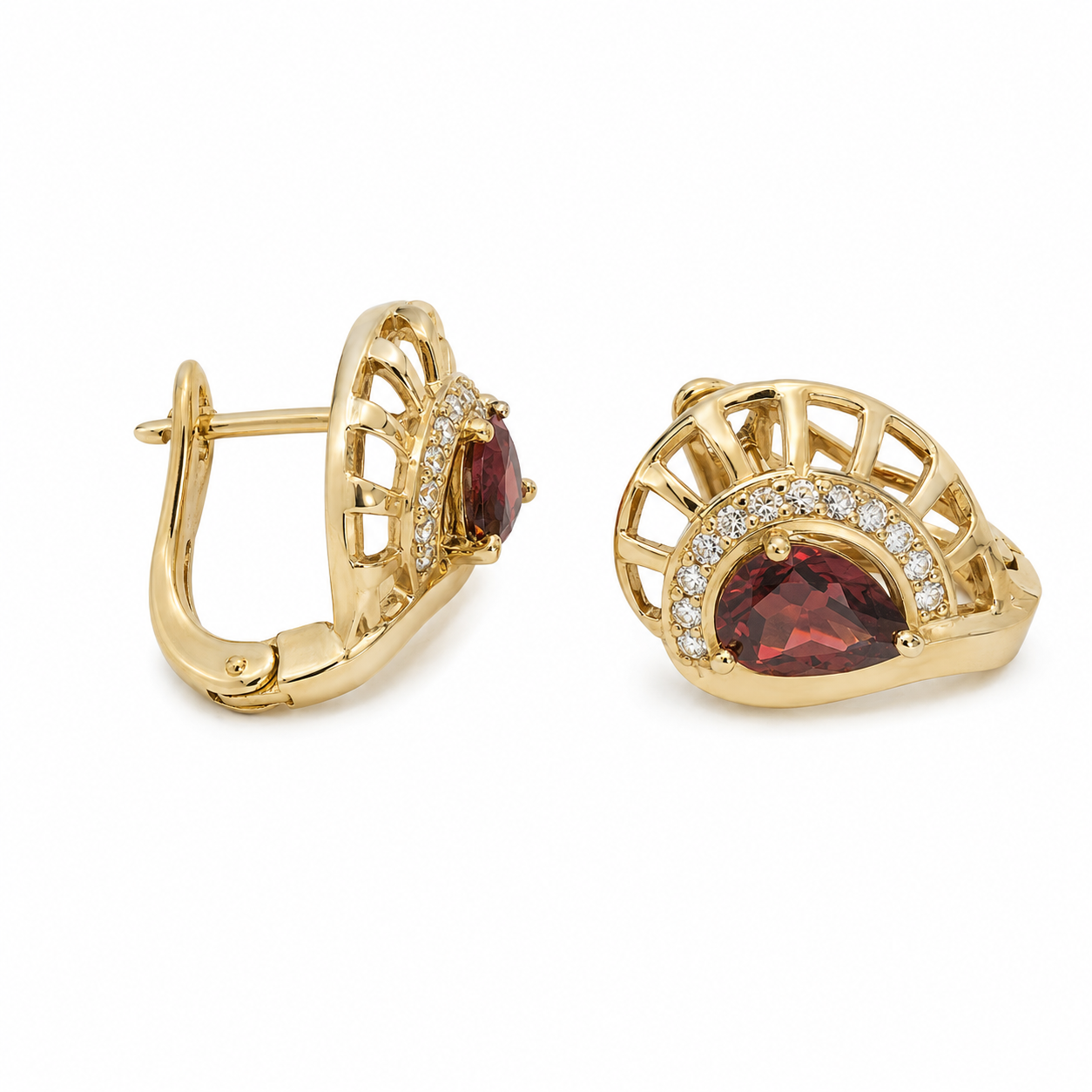 PM048G – Gold Art Deco Nautilus Garnet Huggie Minđuše
