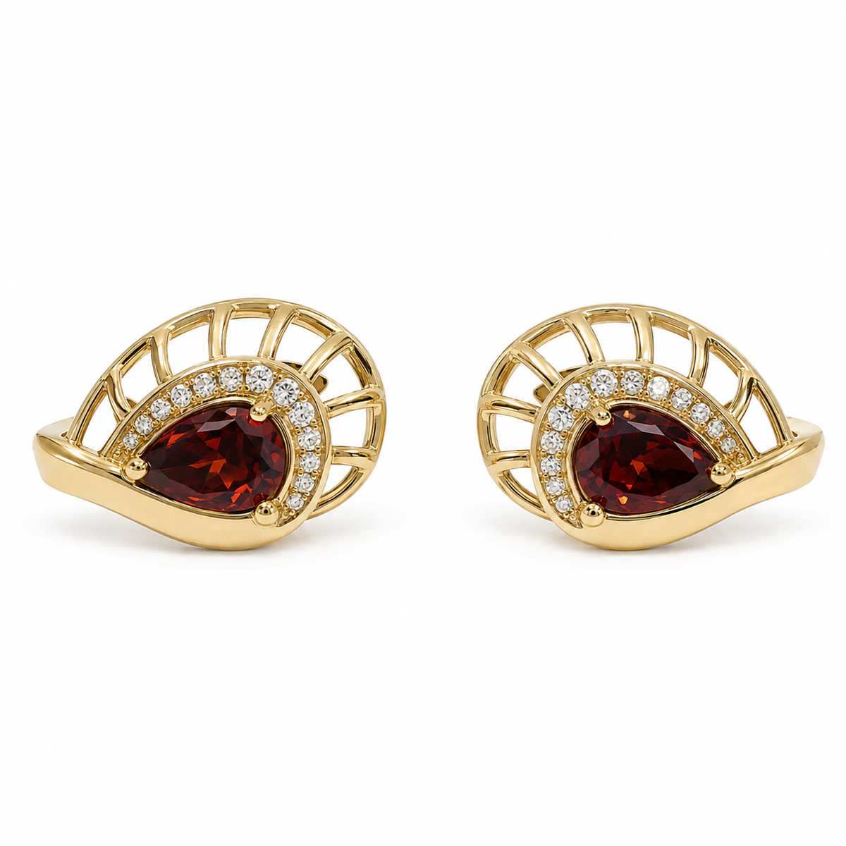 PM048G – Gold Art Deco Nautilus Garnet Huggie Minđuše