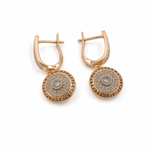 PM037G – Gold Pavé Medallion Greek Key Minđuše