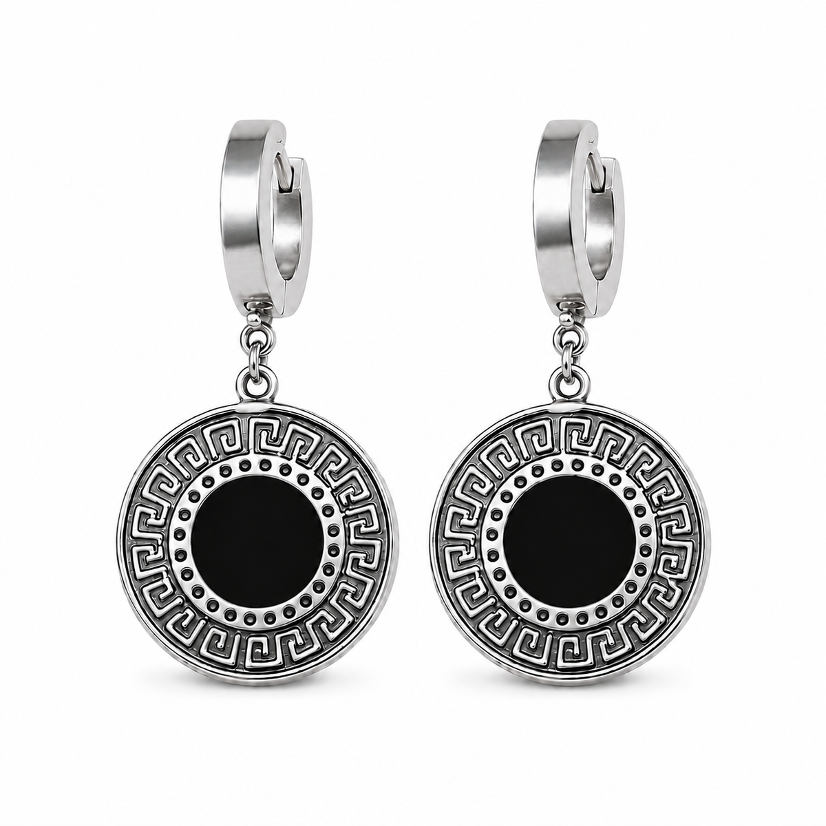 PM009 Silver Greek Coin Drop Minđuše sa grčkim meandrom i crnim emajlom