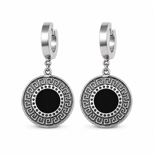 PM009 Silver Greek Coin Drop Minđuše sa grčkim meandrom i crnim emajlom