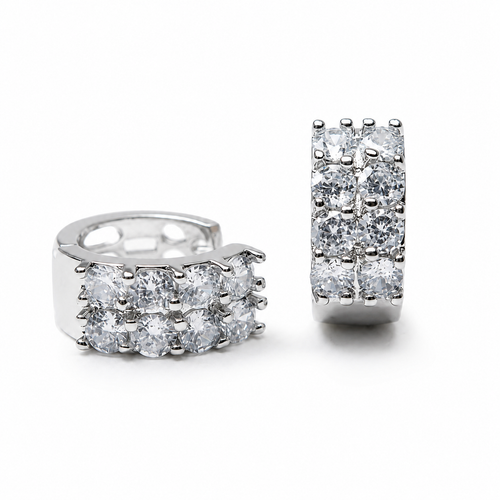 PM018 Silver Two Row Crystal Huggie Minđuše od hirurškog čelika sa dva reda CZ kristala