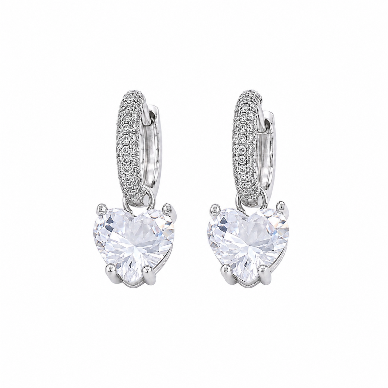 PM069 – Silver CZ Heart Charm Pavé Hoop Minđuše