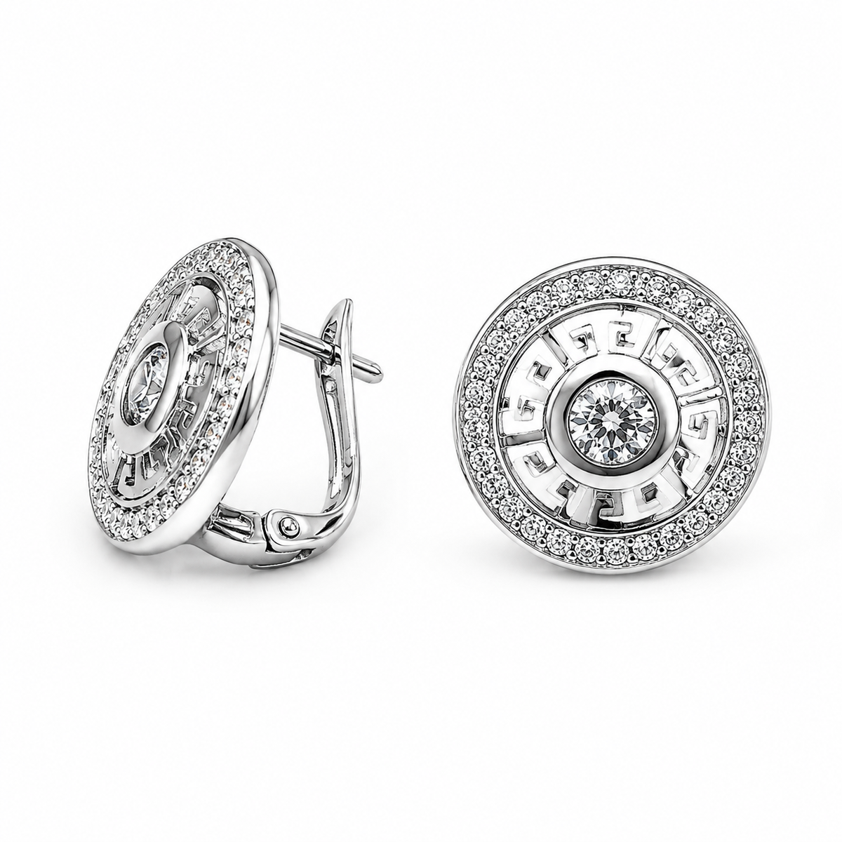 PM092 – Silver Round Pavé Greek Key Halo Clip-On Minđuše