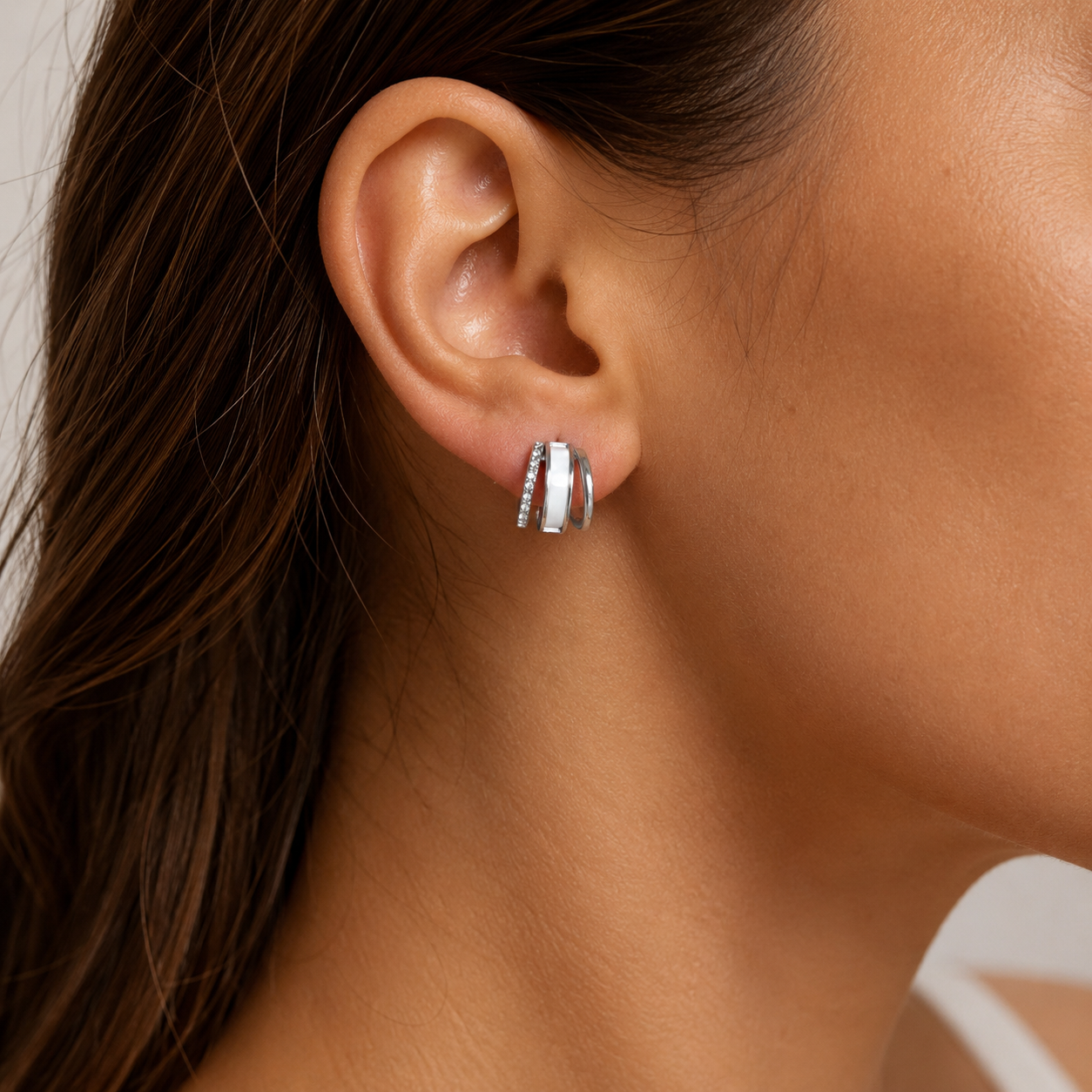 PM095 – Silver Sedef & CZ Multi-Band Hoop Minđuše