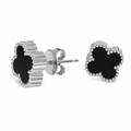 PM111 – Silver S Black Four-Leaf Clover Stud Minđuše