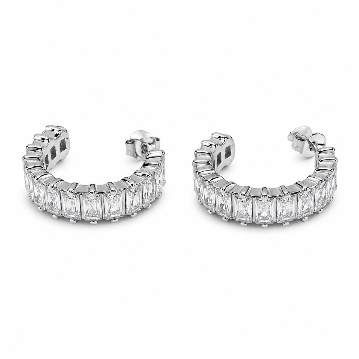 PM127 – Silver Baguette CZ Half Hoop Stud Minđuše