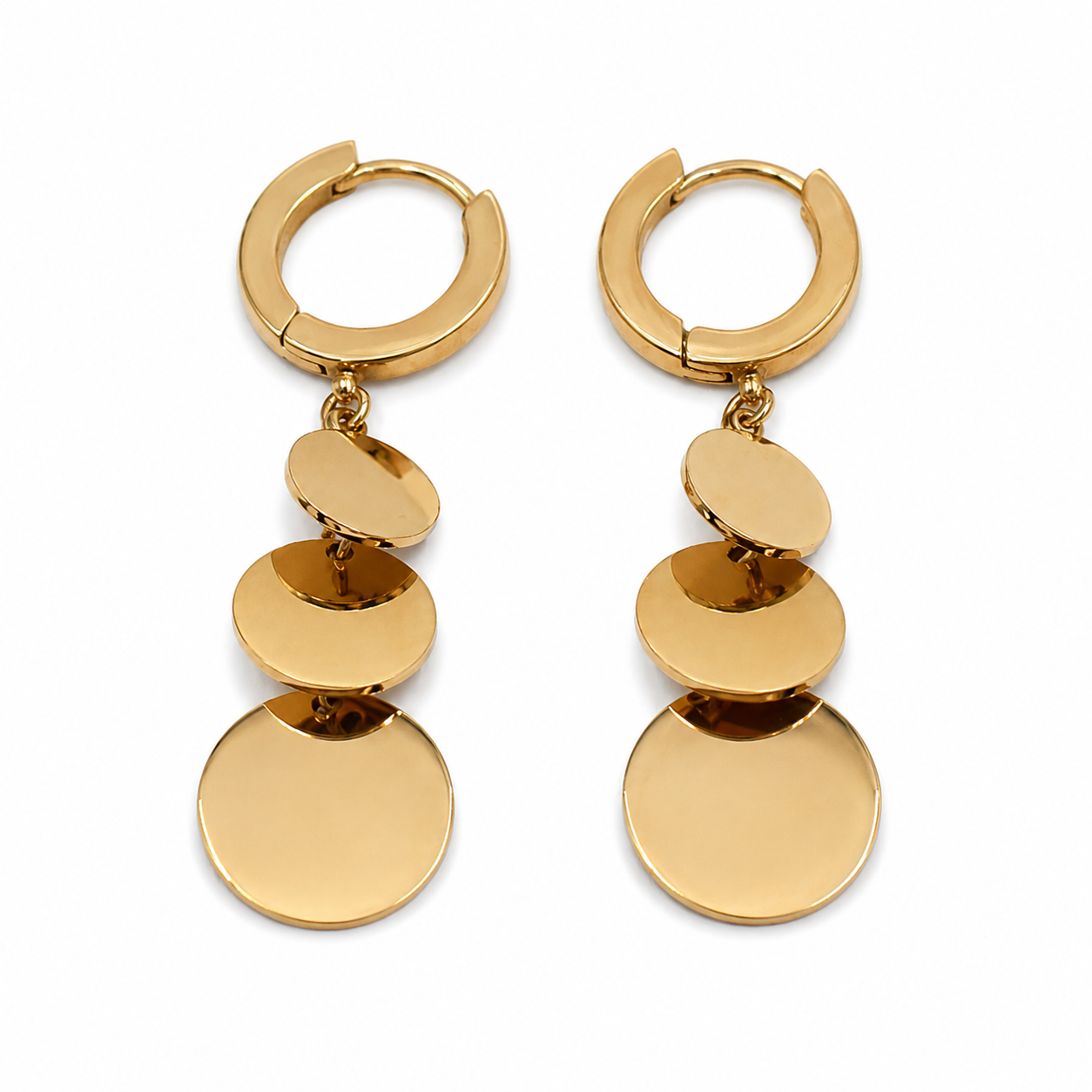 PM018G – Gold Triple Disc Cascade Huggie Minđuše
