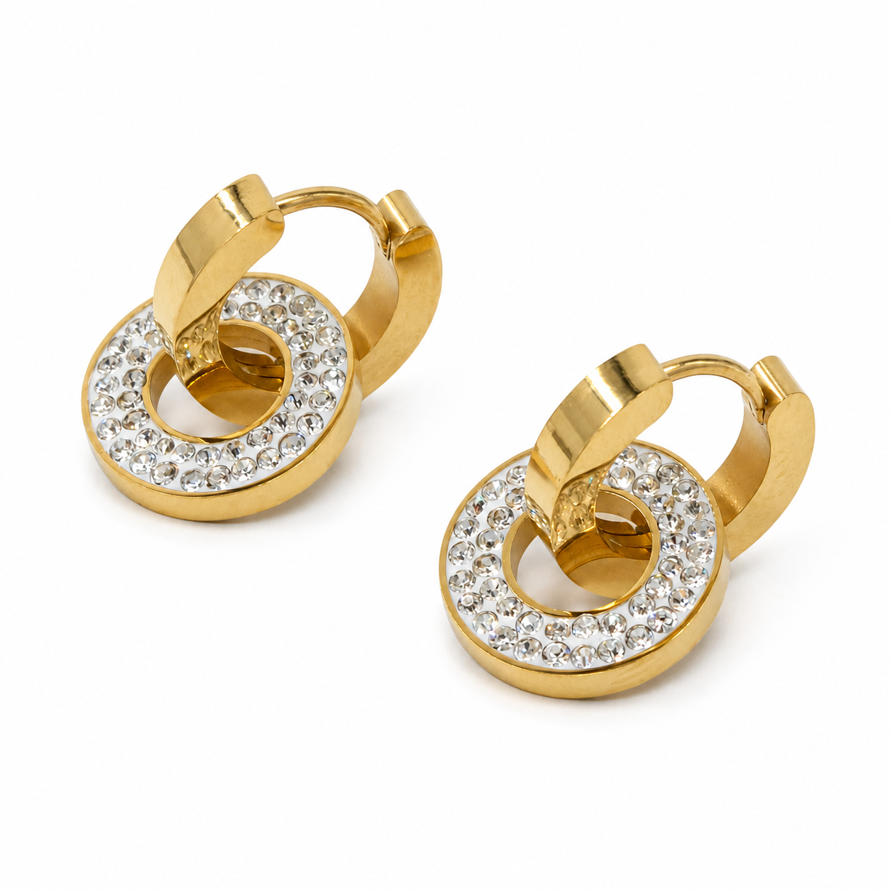 PM019G – Gold Interlocking Pavé Circle Huggie Dangle Minđuše