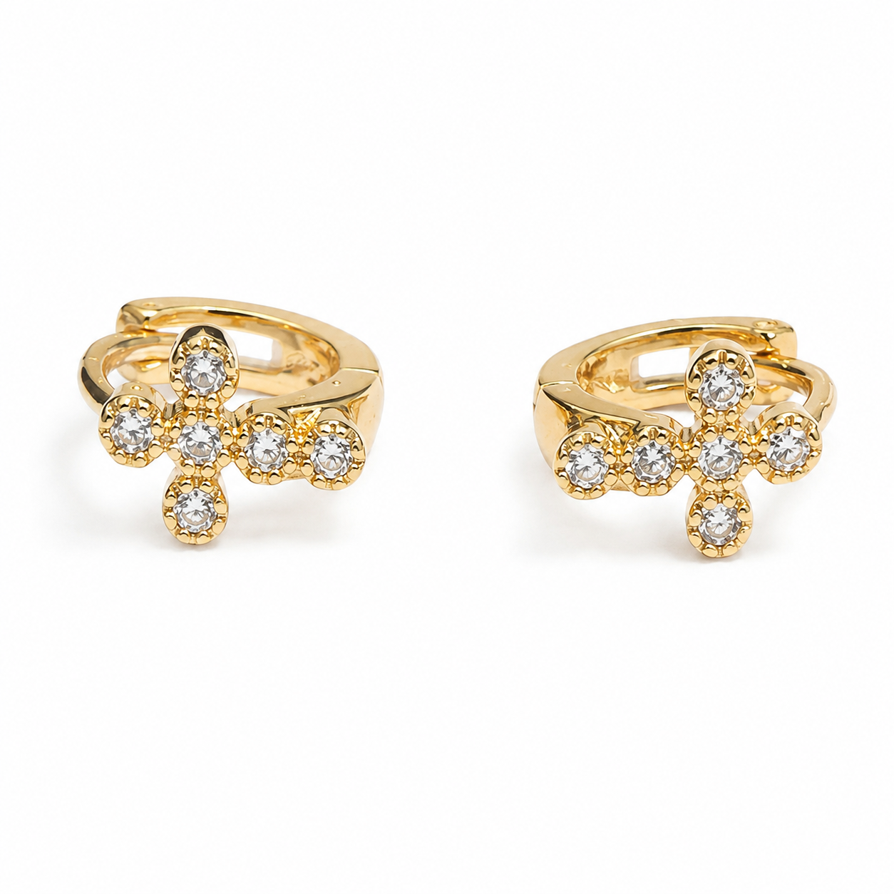 PM028G – Gold CZ Cross Clover Huggie Minđuše